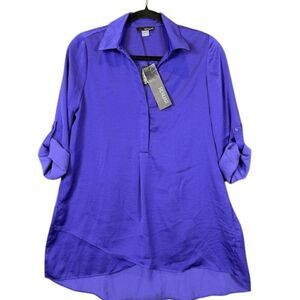 NWT Renuar Airflow Collar Blouse in Viola (Purple) Covered 1/2 Button Front XS